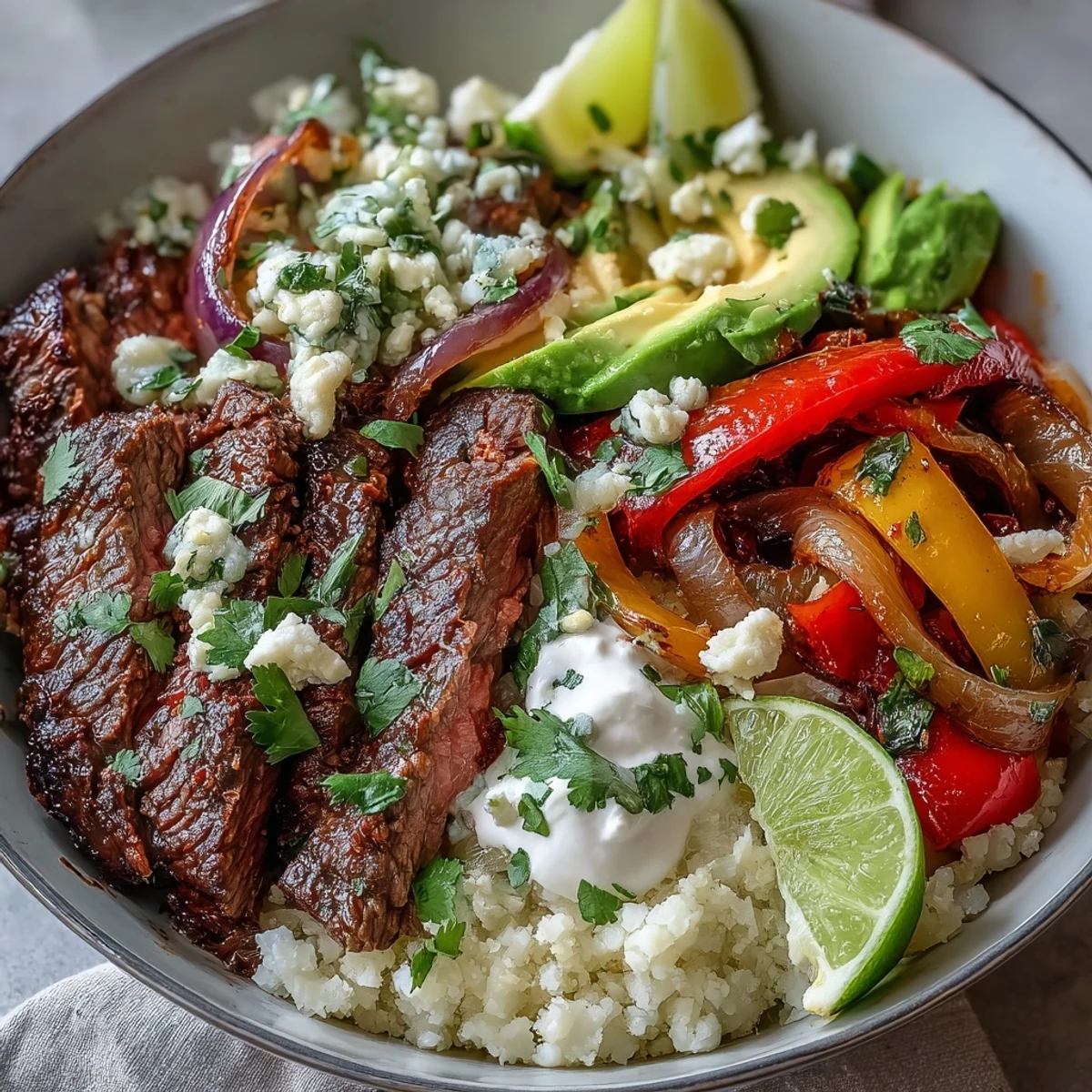 Tender steak strips and colorful veggies over fluffy cauliflower rice in a Tex-Mex steak fajita bowl.