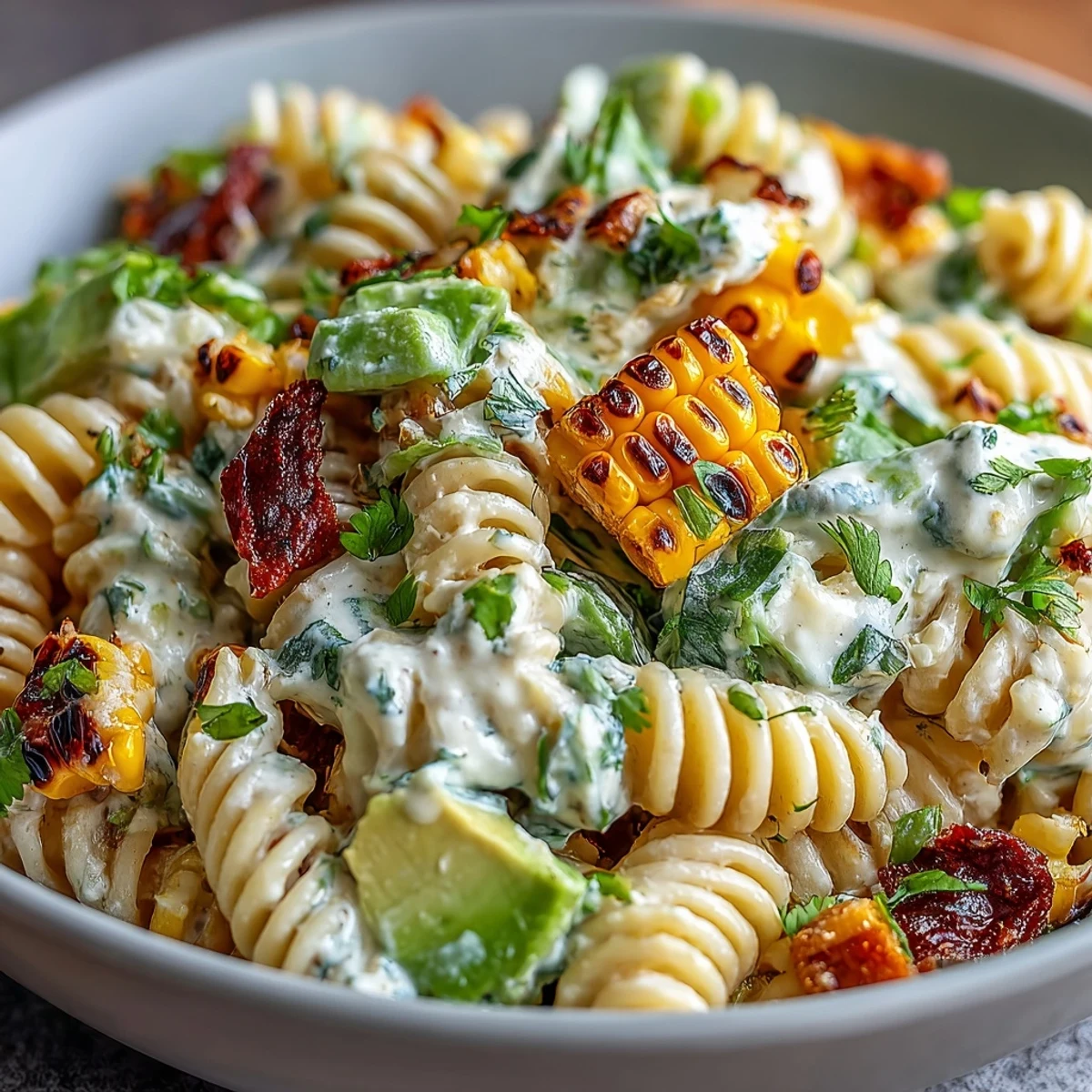 Creamy Street Corn Pasta Salad tossed with romaine and avocado, drizzled with chili butter and lime mayo for summer gatherings.