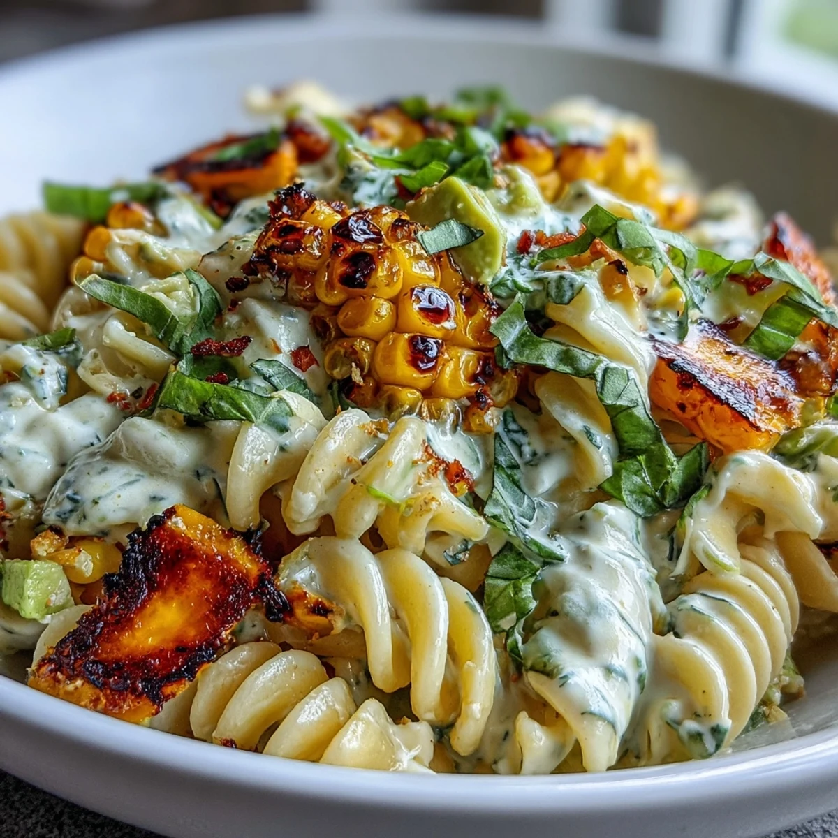 Creamy Street Corn Pasta Salad with grilled corn and spicy cheddar in a vibrant bowl, topped with torn herbs.