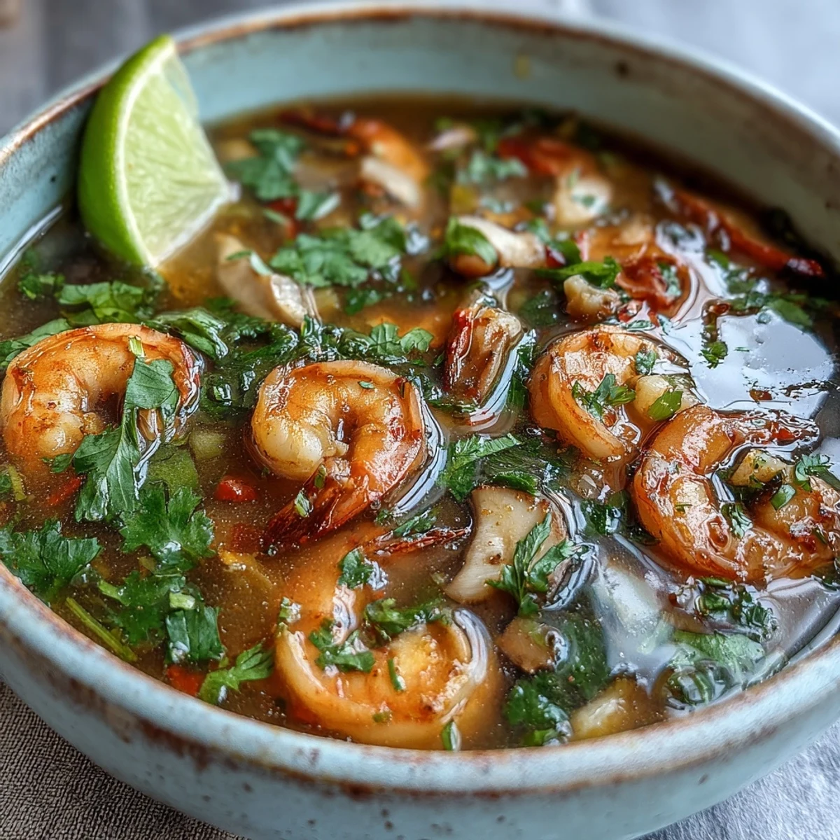 A steaming bowl of Tom Yum Soup features plump pink shrimp, sliced mushrooms, and fresh cilantro.