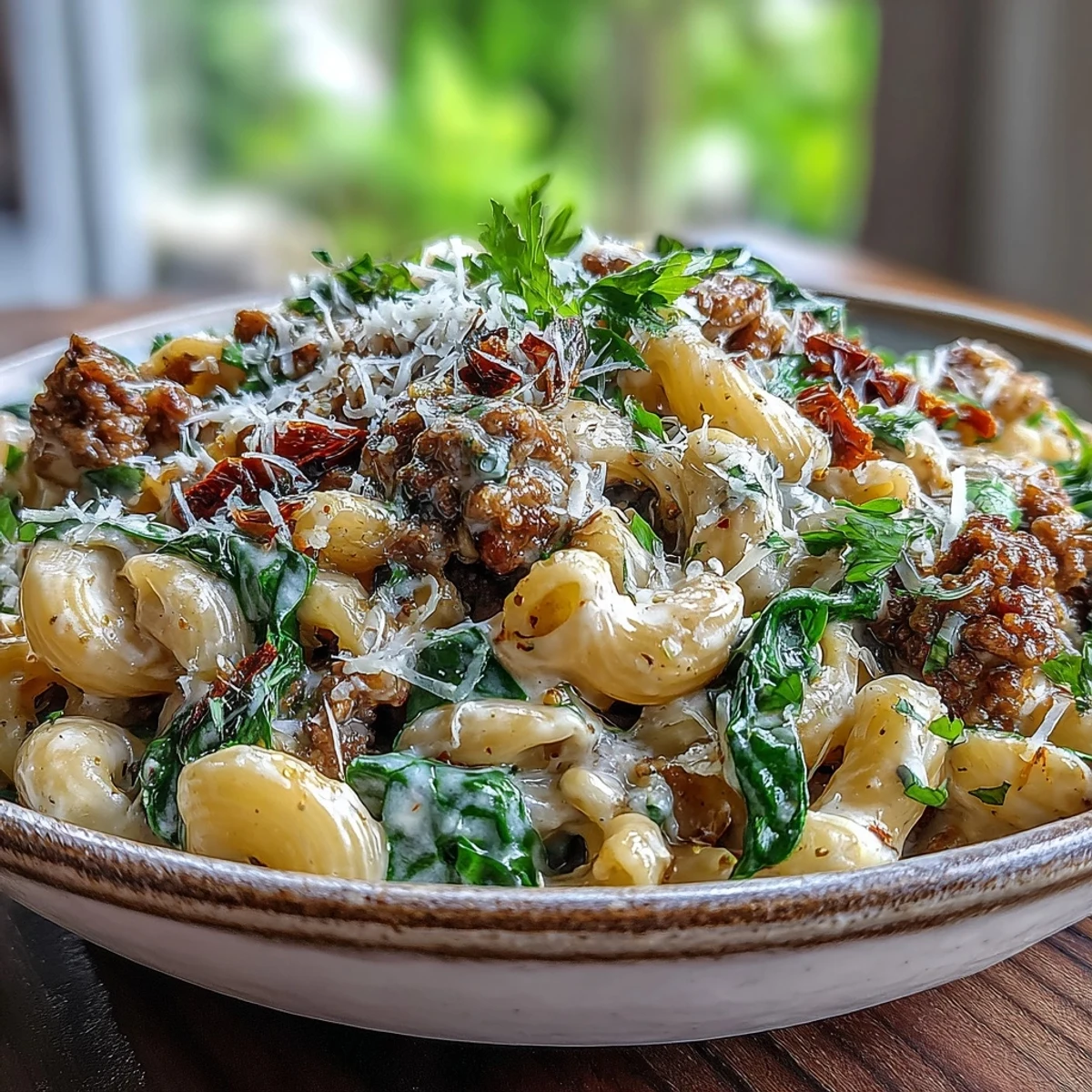 A bowl of creamy Tuscan chili mac with ground meat, wilted spinach, and sun-dried tomatoes. Finished with grated Parmesan cheese. Served hot.