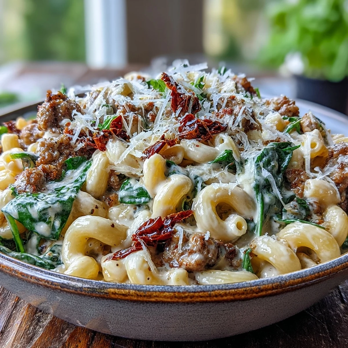 Creamy Tuscan chili mac in a rustic bowl, featuring a rich tomato cream sauce and colorful vegetables. Comforting Italian-inspired dinner.