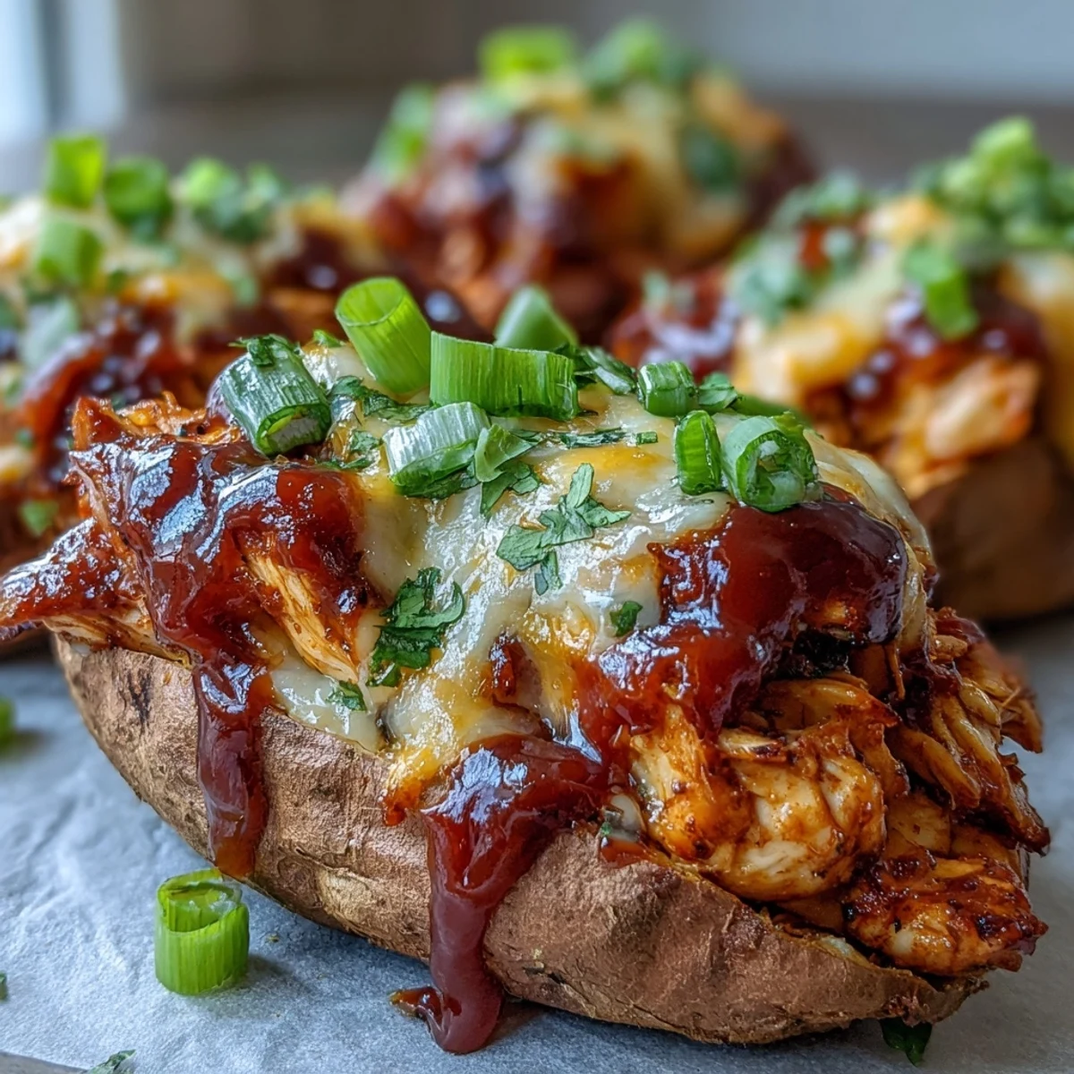 Fork-tender sweet potato boats filled with smoky honey BBQ chicken, topped with bubbling cheese and cilantro.