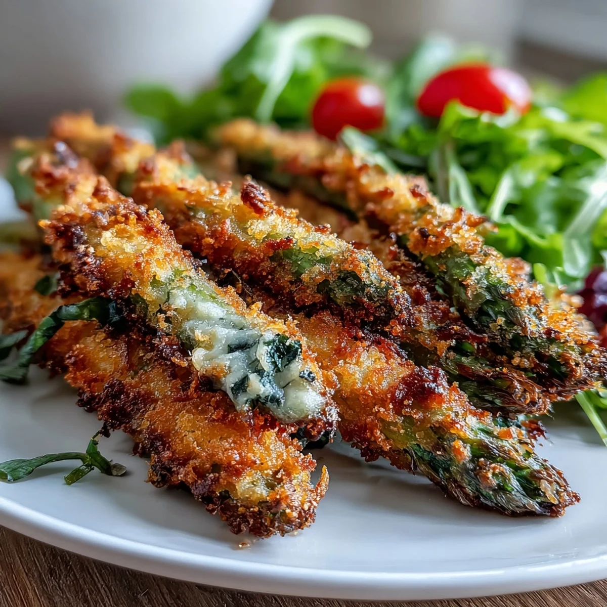 Shredded chicken and mixed greens tossed in a zesty lemon dressing, topped with crunchy Parmesan-crusted asparagus spears.
