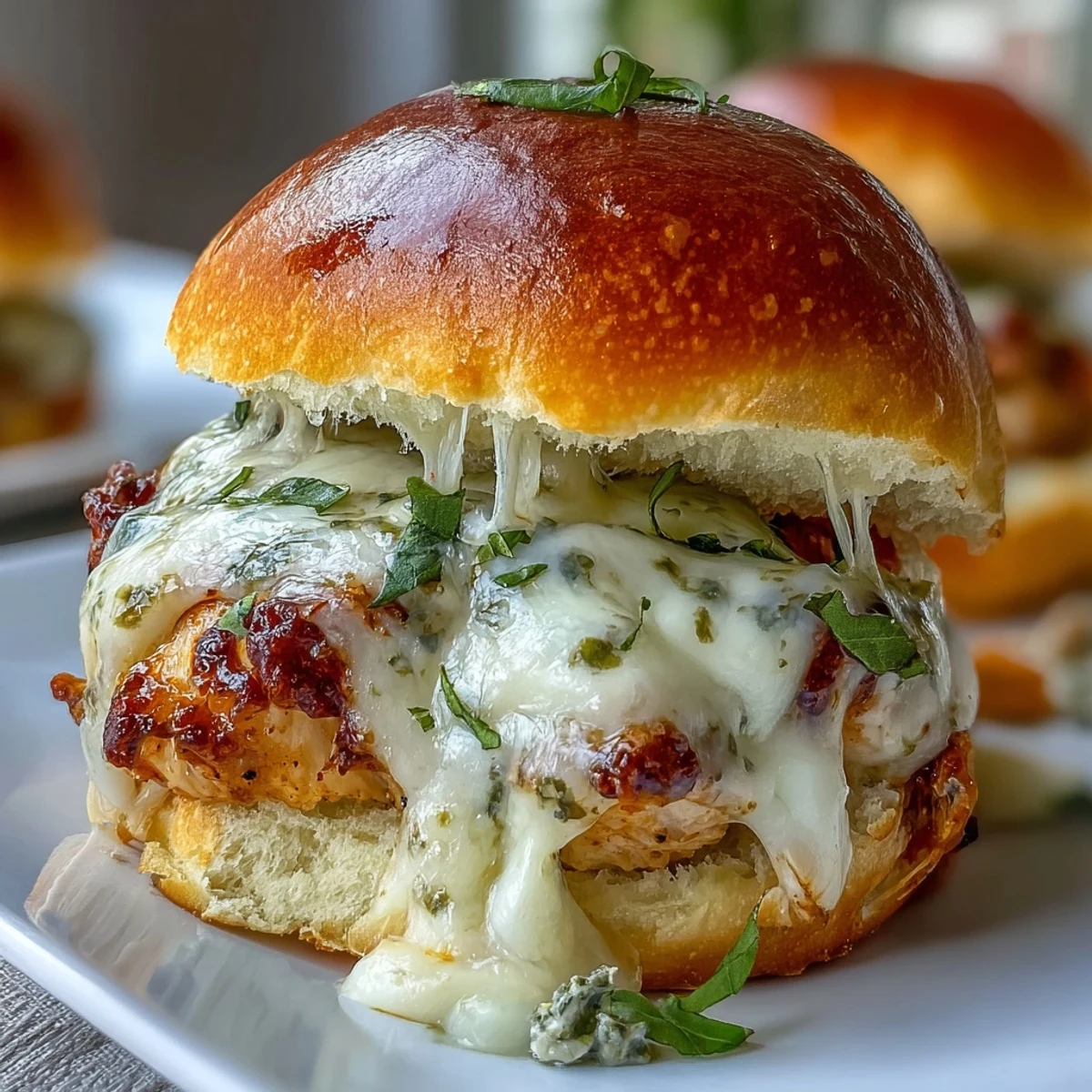 Golden-brown Pesto Chicken Parmesan Sliders on a platter, with melted mozzarella oozing from mini brioche buns.