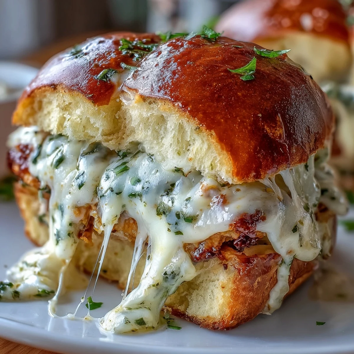 Twelve Pesto Chicken Parmesan Sliders arranged on parchment, garnished with fresh basil and a side of marinara.