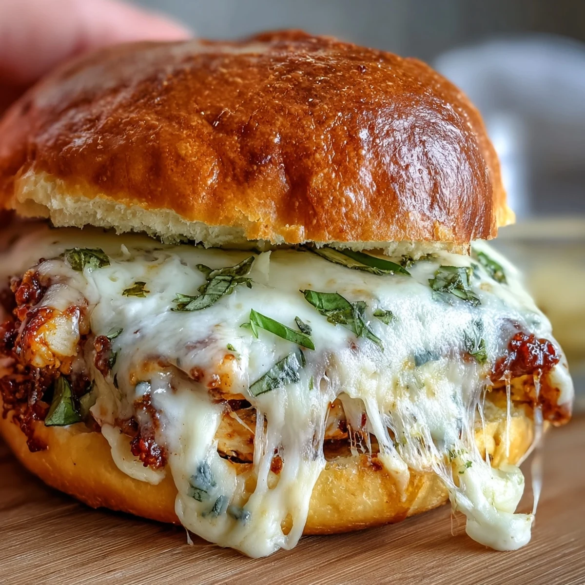 Close-up of warm Pesto Chicken Parmesan Sliders, showcasing shredded pesto chicken and gooey cheese inside buttery buns.