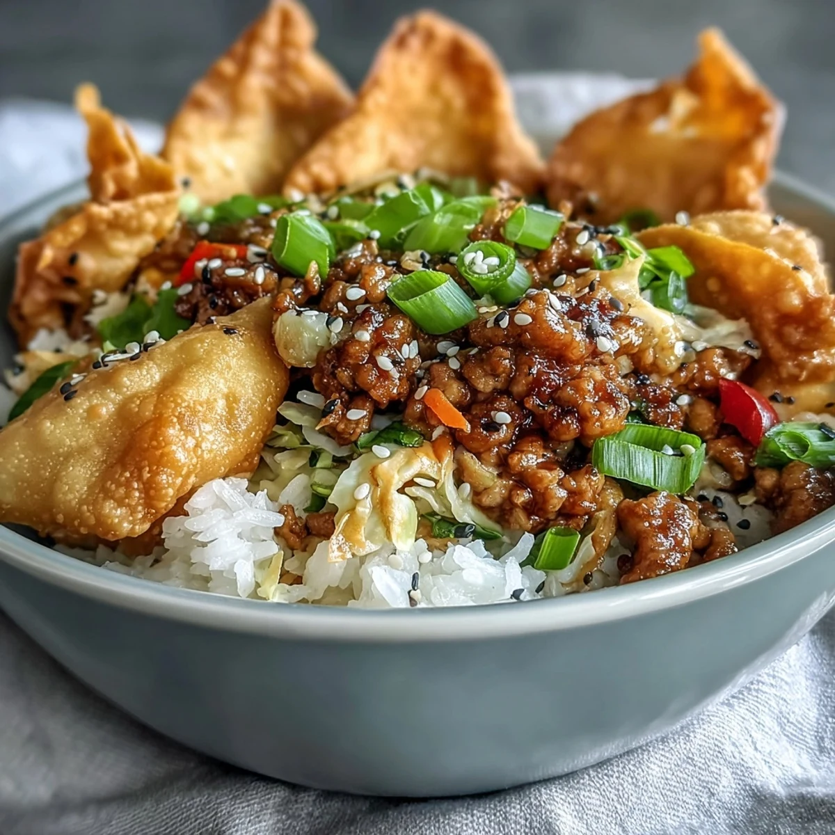 Golden crispy baked wonton strips piled high on ground chicken and crunchy cabbage, all served over fluffy rice in a Crispy Baked Egg Roll Chicken Bowl.