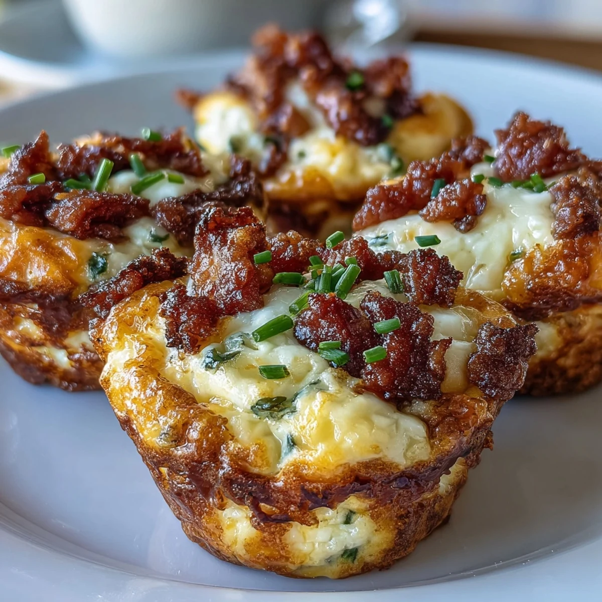 Golden-brown Ranch & Cheddar Egg Muffin Cups sit on a white plate, showcasing melted sharp cheddar and crispy bacon pieces inside, garnished with fresh chives for a savory, keto-friendly breakfast on-the-go.