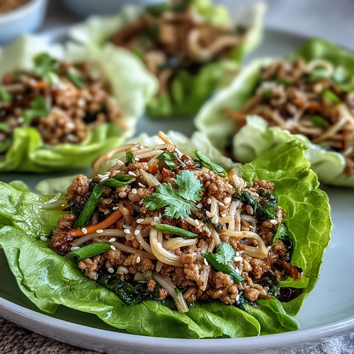Butter lettuce leaves filled with savory Potsticker Noodle Lettuce Cups, garnished with fresh green onions and sesame seeds.