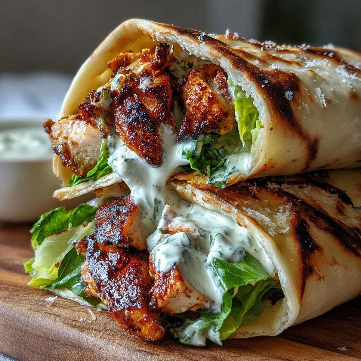 Golden-brown, grilled Garlic Naan Grilled Chicken Caesar Wraps stuffed with romaine and creamy dressing.