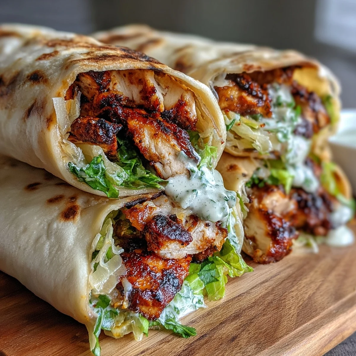 Juicy grilled chicken and fresh romaine fill warm garlic naan in this Garlic Naan Grilled Chicken Caesar Wraps recipe.