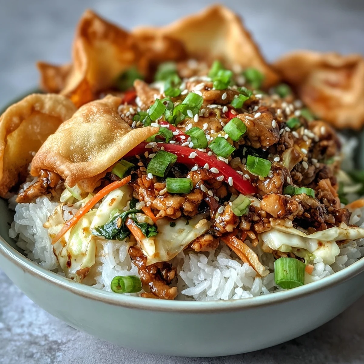 Crispy Baked Egg Roll Chicken Bowls show golden wonton strips and colorful stir-fry over fluffy rice.