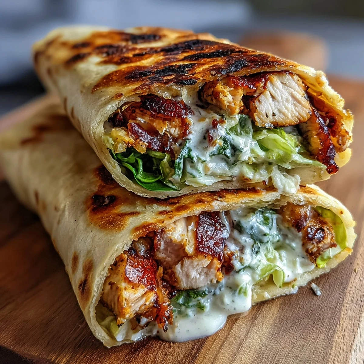 Golden Garlic Naan Grilled Chicken Caesar Wraps filled with savory chicken, crunchy lettuce, and Parmesan, served fresh on a wooden cutting board.
