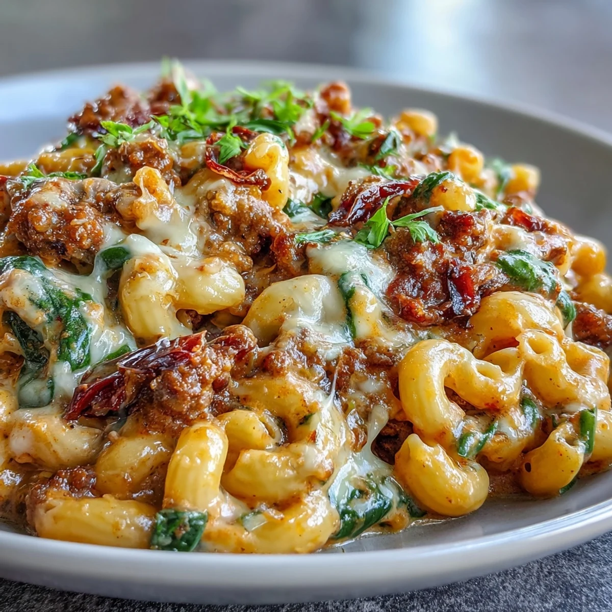 Close-up of Creamy Tuscan Chili Mac showing vibrant sun-dried tomatoes and wilted spinach in a creamy sauce.