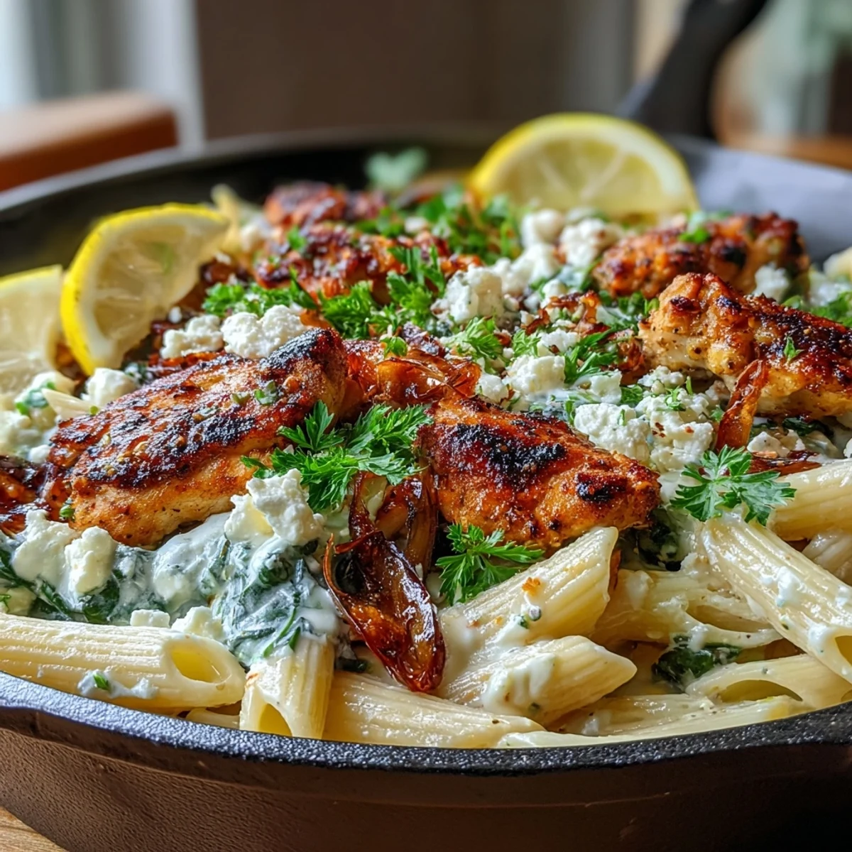 Greek Chicken Feta Pasta Skillet in a cast iron pan with creamy sauce, spinach, and lemon wedges for garnish.