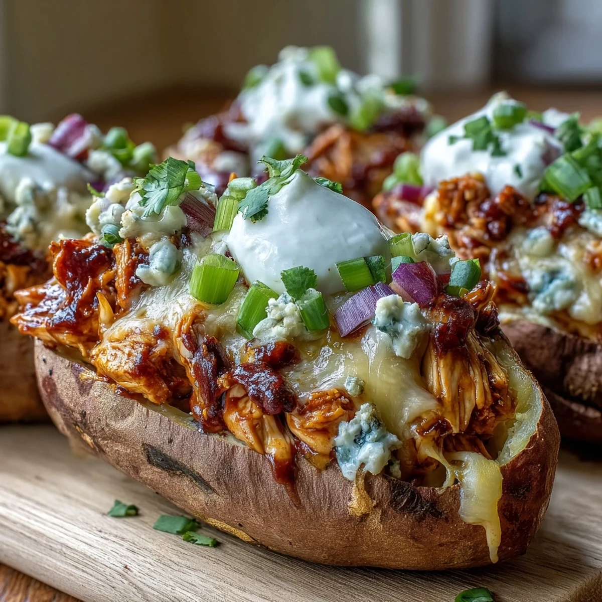 Golden roasted sweet potato boats overflowing with tender honey BBQ chicken, melted cheddar, and fresh green onions.