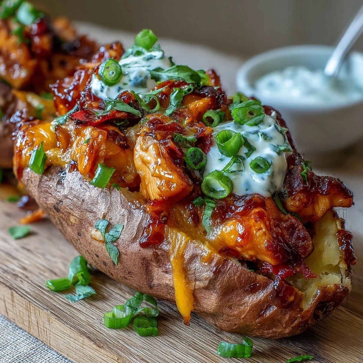 A close-up view of stuffed sweet potatoes topped with tangy sour cream, red onion, and cilantro garnish.