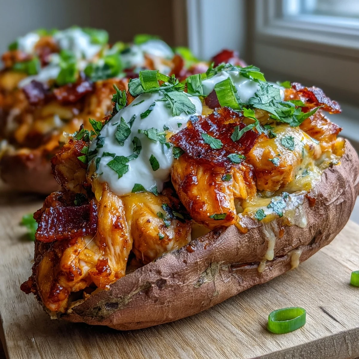 Savory honey BBQ chicken stuffed sweet potatoes served hot, ideal for an easy gluten-free weeknight dinner.