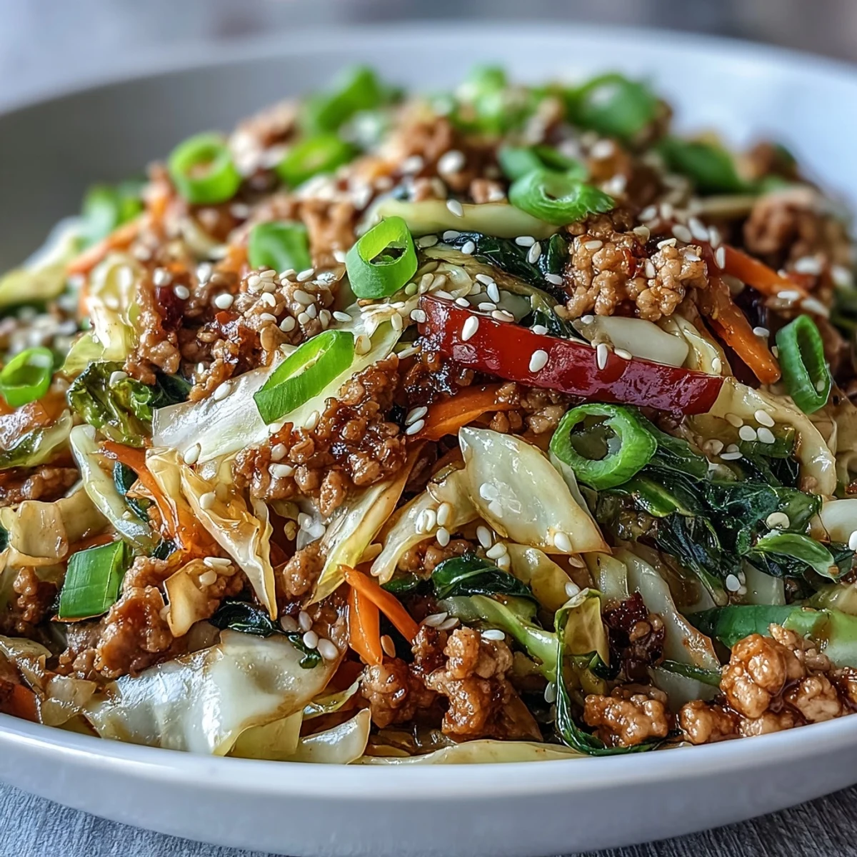 Freshly cooked high volume cabbage and turkey stir fry in a bowl, showing tender ground turkey mixed with shredded cabbage, carrots, and red bell pepper, ready to eat.