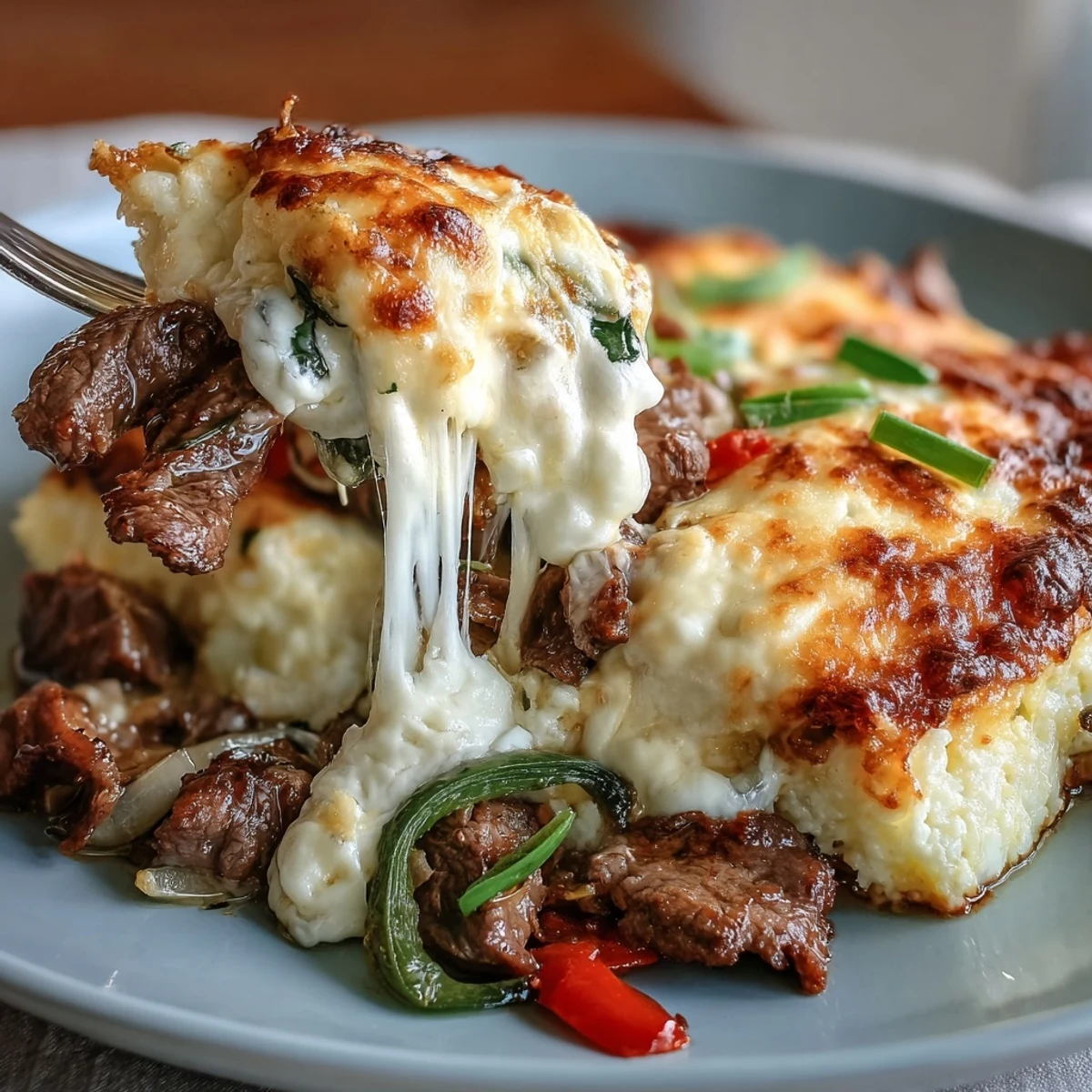 Golden, bubbly Keto Philly Cheesesteak Casserole with Cauliflower Rice is served fresh from the oven in a white baking dish.