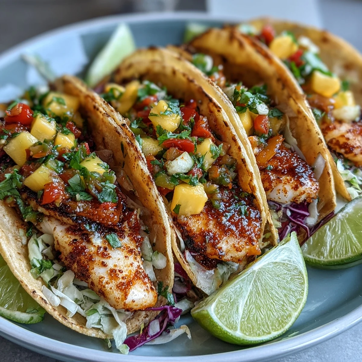 Close-up of Light Mango Salsa Tilapia Tacos in Corn Tortillas showcasing flaky fish, juicy mango cubes, and jalapeño garnish.