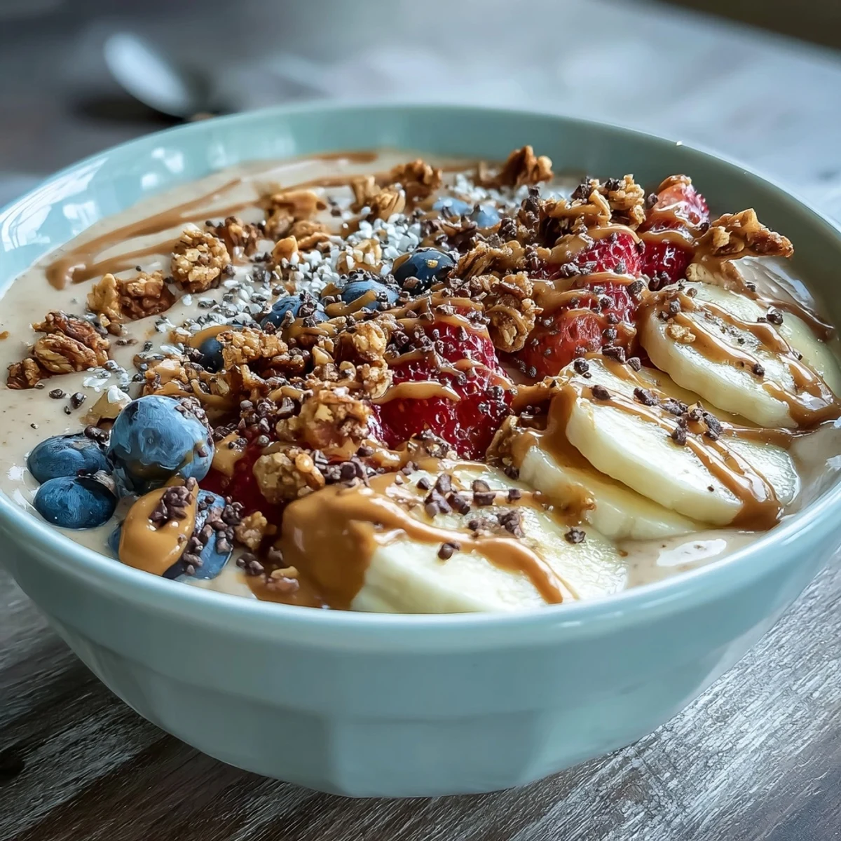 Thick and creamy Vegan Peanut Butter Banana Protein Smoothie Bowl topped with fresh berries and crunchy granola.