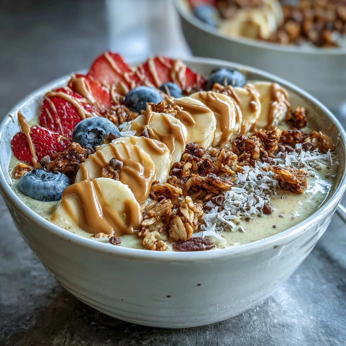 Healthy Vegan Peanut Butter Banana Protein Smoothie Bowl served for breakfast with sliced bananas and a peanut butter drizzle.
