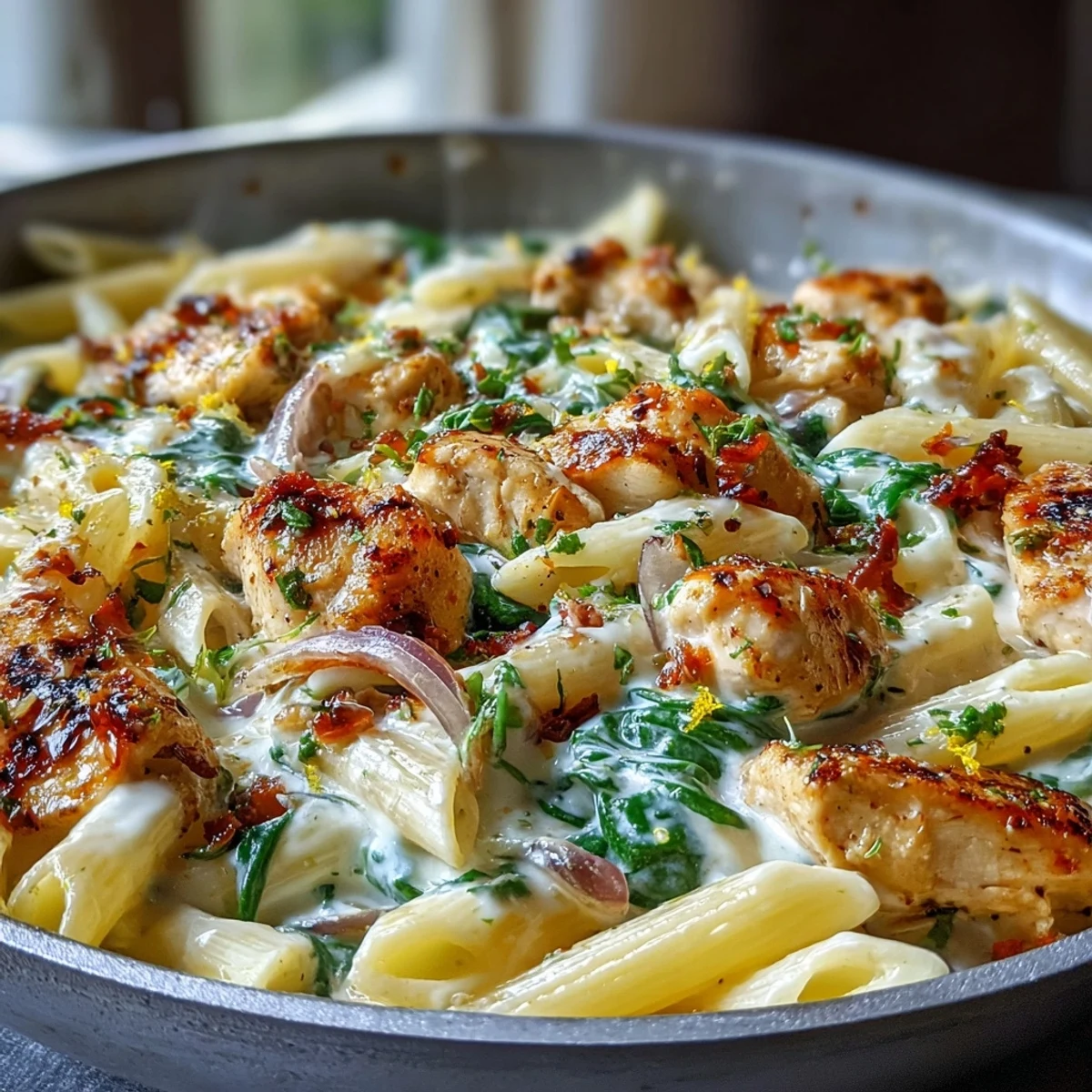 Greek Chicken Feta Pasta Skillet features tender chicken and crumbled feta tossed with pasta in a creamy yogurt sauce. 