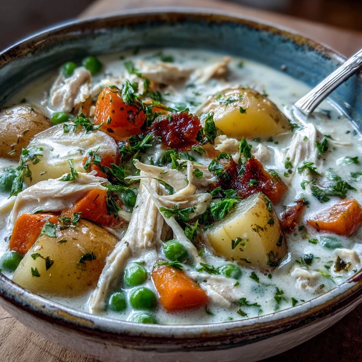Creamy Chicken Pot Pie Soup steaming in a rustic bowl, topped with fresh parsley and a buttery puff pastry square.