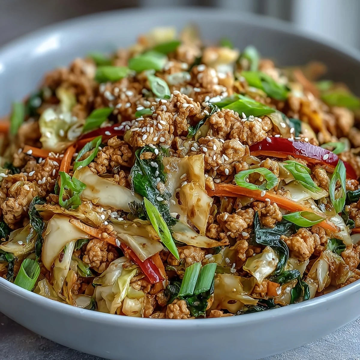 High volume cabbage and turkey stir fry in a hot wok, cabbage ribbons and crisp peppers sizzling with aromatic ginger and garlic for a quick, low carb dinner.