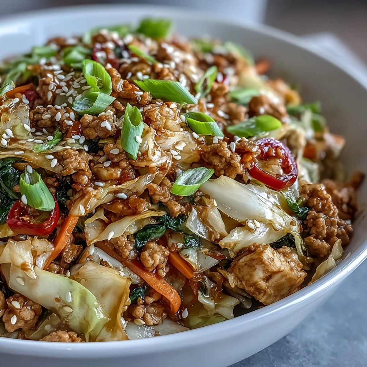 Serving suggestion for high volume cabbage and turkey stir fry, garnished with toasted sesame seeds and fresh green onions, perfect over steamed cauliflower rice for a light meal.