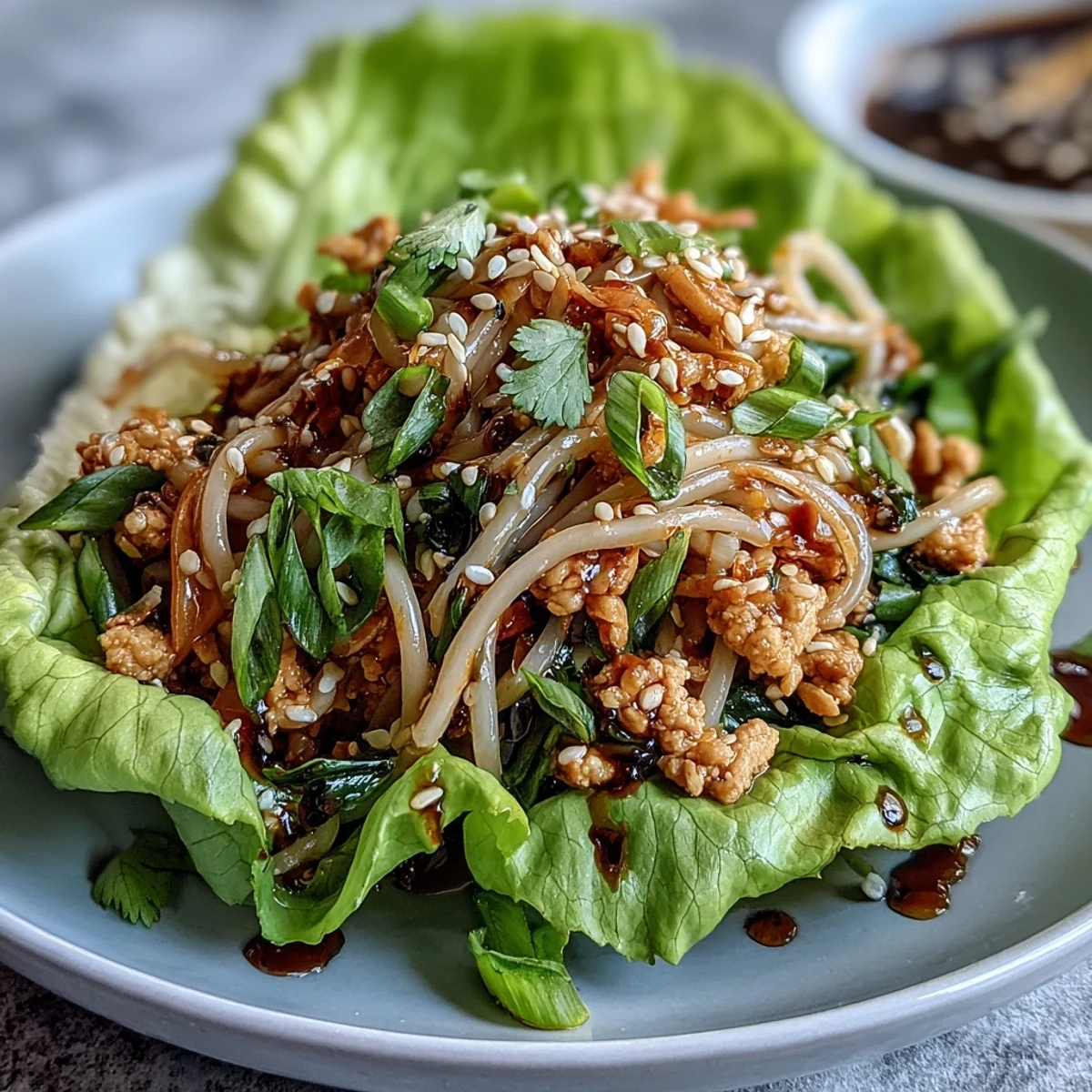 Asian-inspired potsticker noodle lettuce cups featuring seasoned turkey, crunchy cabbage, and carrots served in fresh lettuce leaves.  