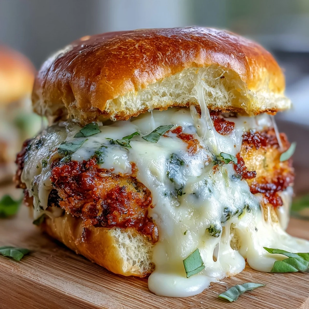 Savory pesto chicken parmesan sliders with golden breaded chicken, melted mozzarella, and marinara sauce on toasted brioche buns.  
