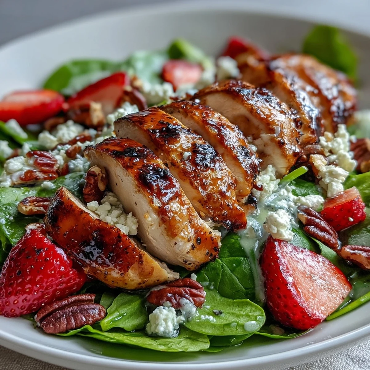 Grilled Chicken and Strawberry Spinach Salad with Poppy Seed Dressing, featuring tender chicken, sweet strawberries, and fresh spinach in a creamy dressing.  