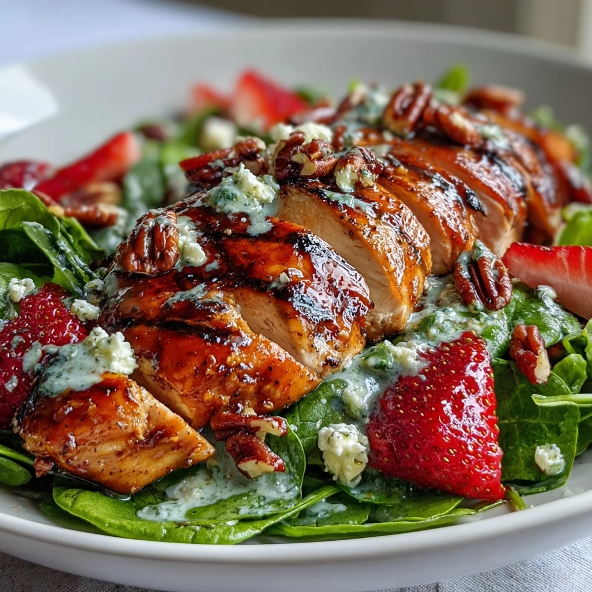 A vibrant summer salad with juicy grilled chicken, sliced strawberries, and feta cheese, drizzled with tangy poppy seed dressing.  