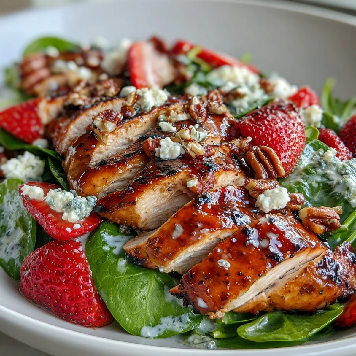 Light and refreshing Grilled Chicken and Strawberry Spinach Salad with Poppy Seed Dressing, perfect for a healthy lunch or dinner.