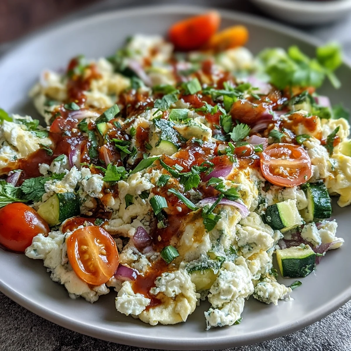 Protein-packed egg white veggie scramble featuring sautéed vegetables and fresh salsa, perfect for a light and energizing morning meal.  