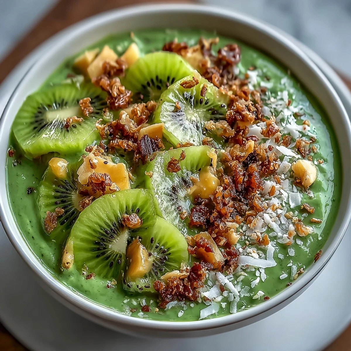 A vibrant vegan smoothie bowl topped with fresh mango, chia seeds, and tropical fruits for a nourishing breakfast.
