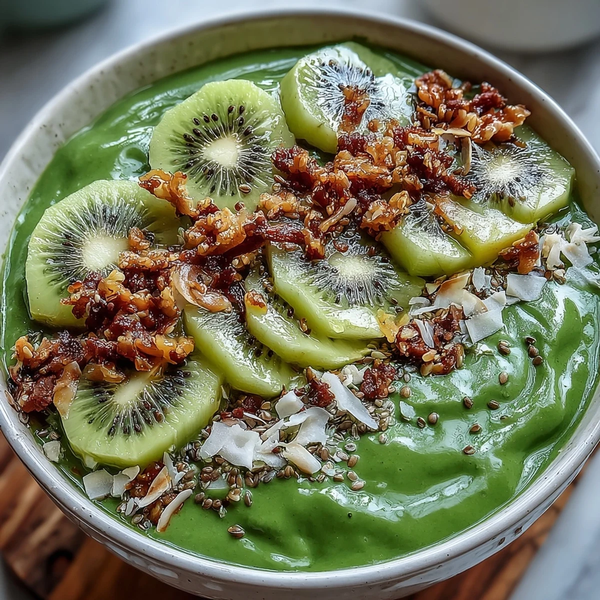 Creamy green smoothie base blended with spinach, banana, and mango, finished with kiwi, coconut flakes, and crunchy granola.