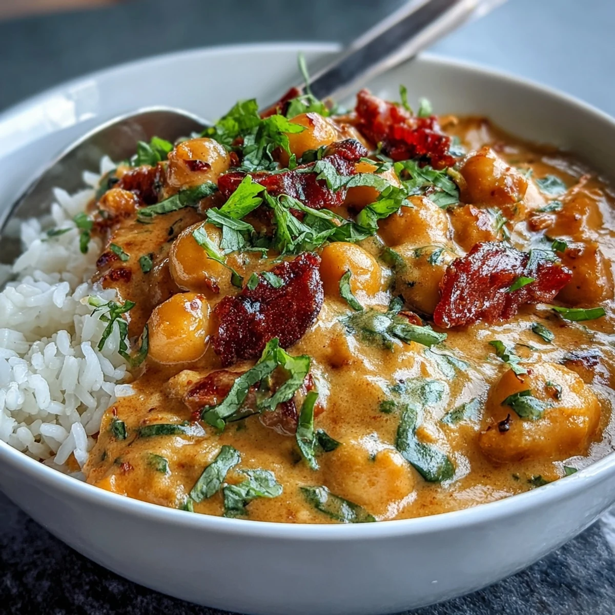 Vibrant vegan mango coconut chickpea curry with tender rice, sweet mango, and creamy coconut milk.  