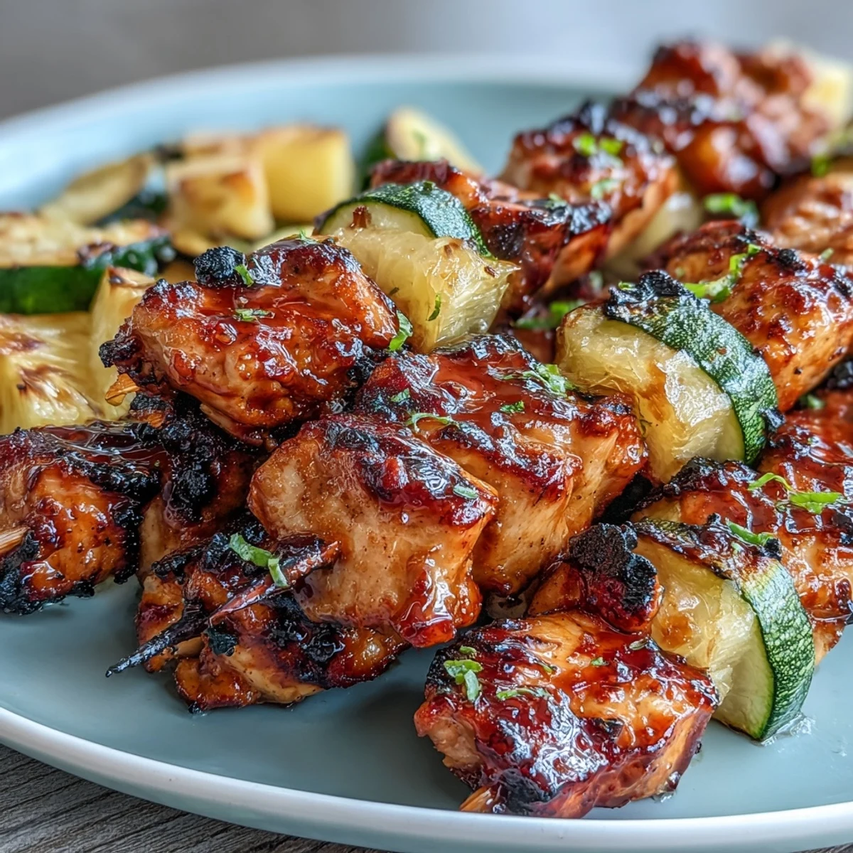 Grilled chicken skewers with honey-lime marinade, zucchini, and pineapple, charred to juicy perfection for a vibrant summer meal.