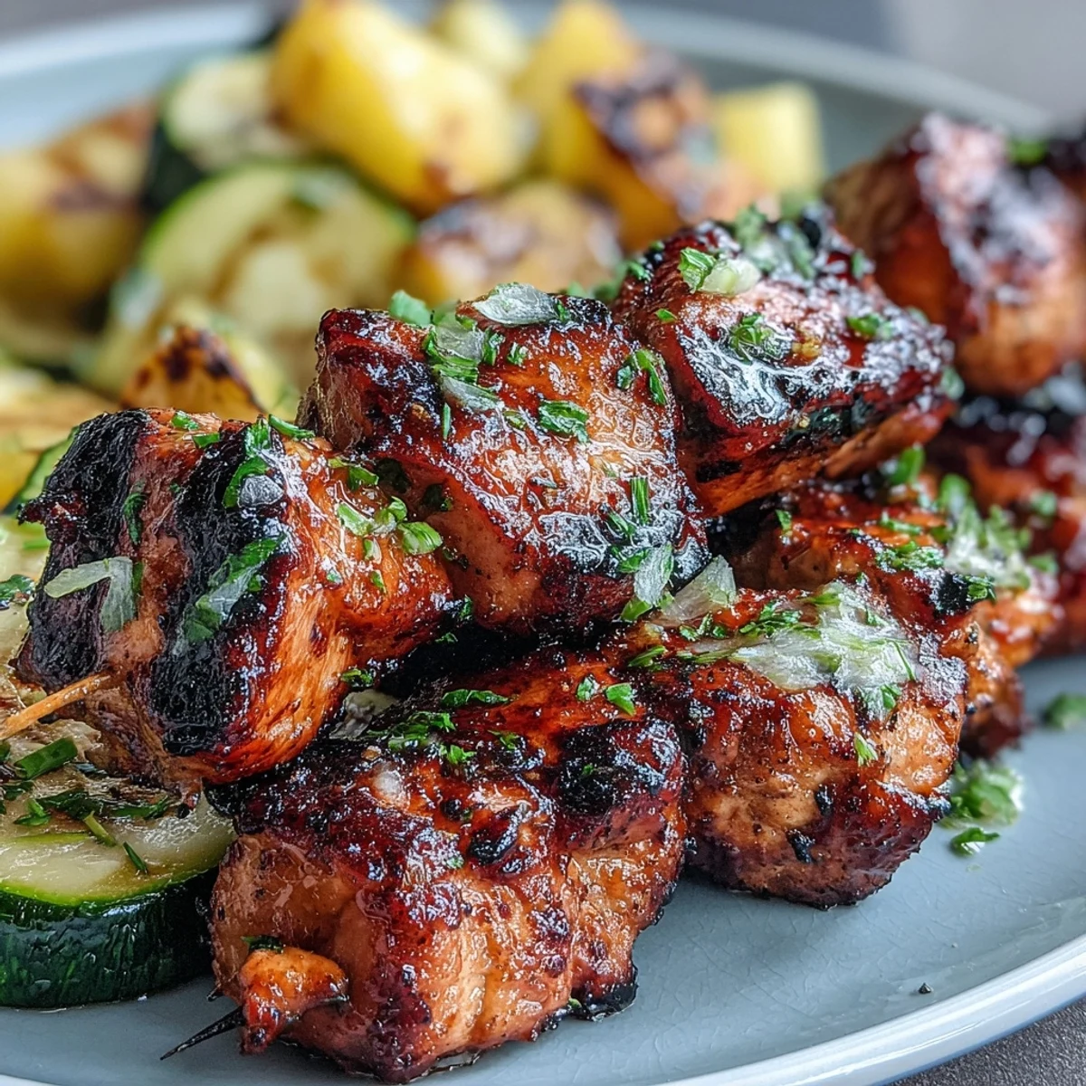 Tender chicken cubes marinated in zesty honey-lime sauce, grilled with zucchini and pineapple for a sweet and savory skewer dish.