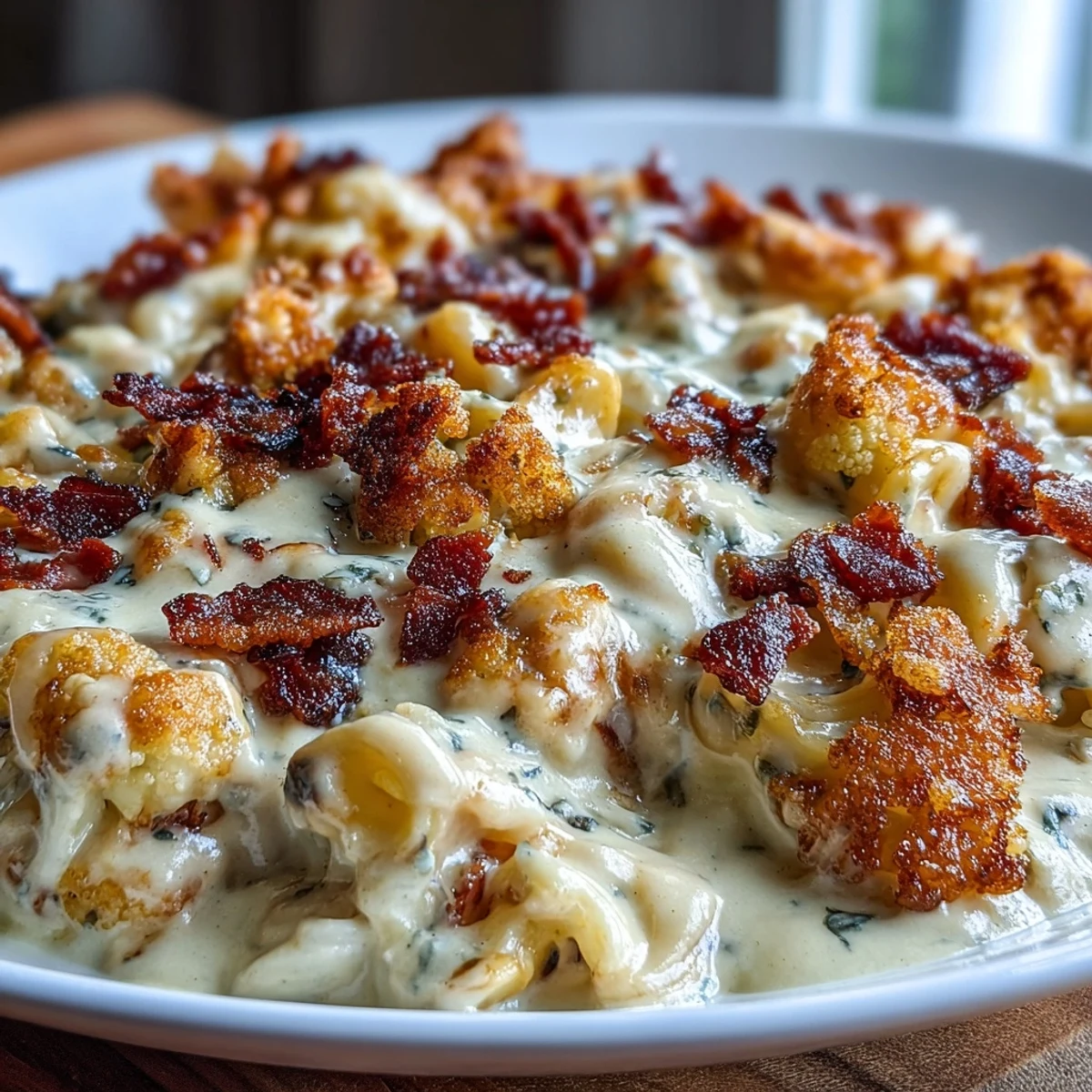 Low-carb comfort food featuring tender roasted cauliflower florets smothered in rich cheese sauce and crunchy bacon topping.  