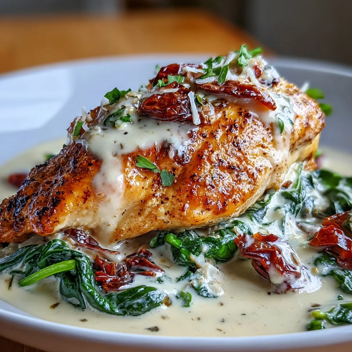 Creamy Keto Tuscan chicken with spinach and sun-dried tomatoes in a rich garlic Parmesan sauce.
