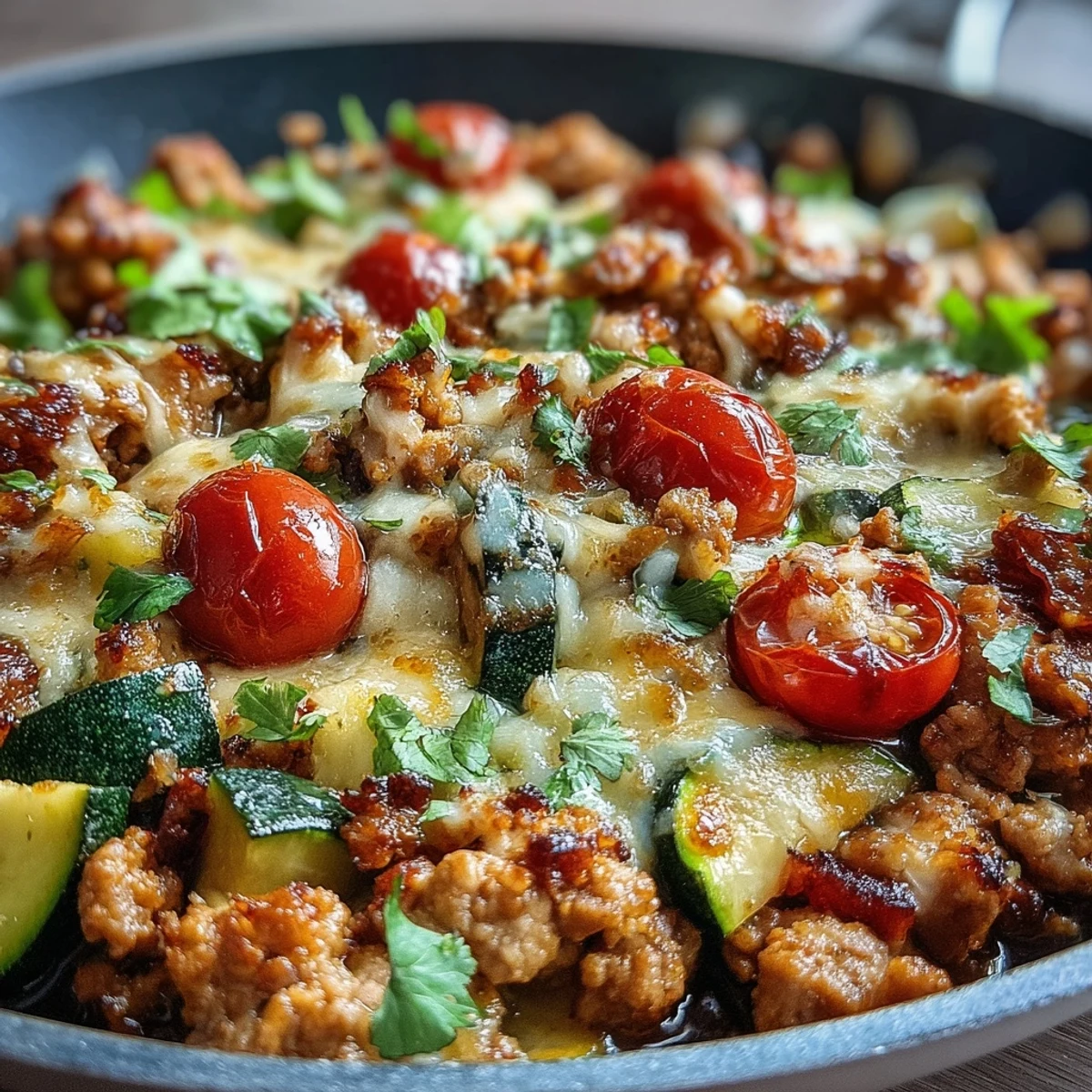 One-Pot Turkey Taco Zucchini Skillet with colorful vegetables and melted cheese in a skillet.  
