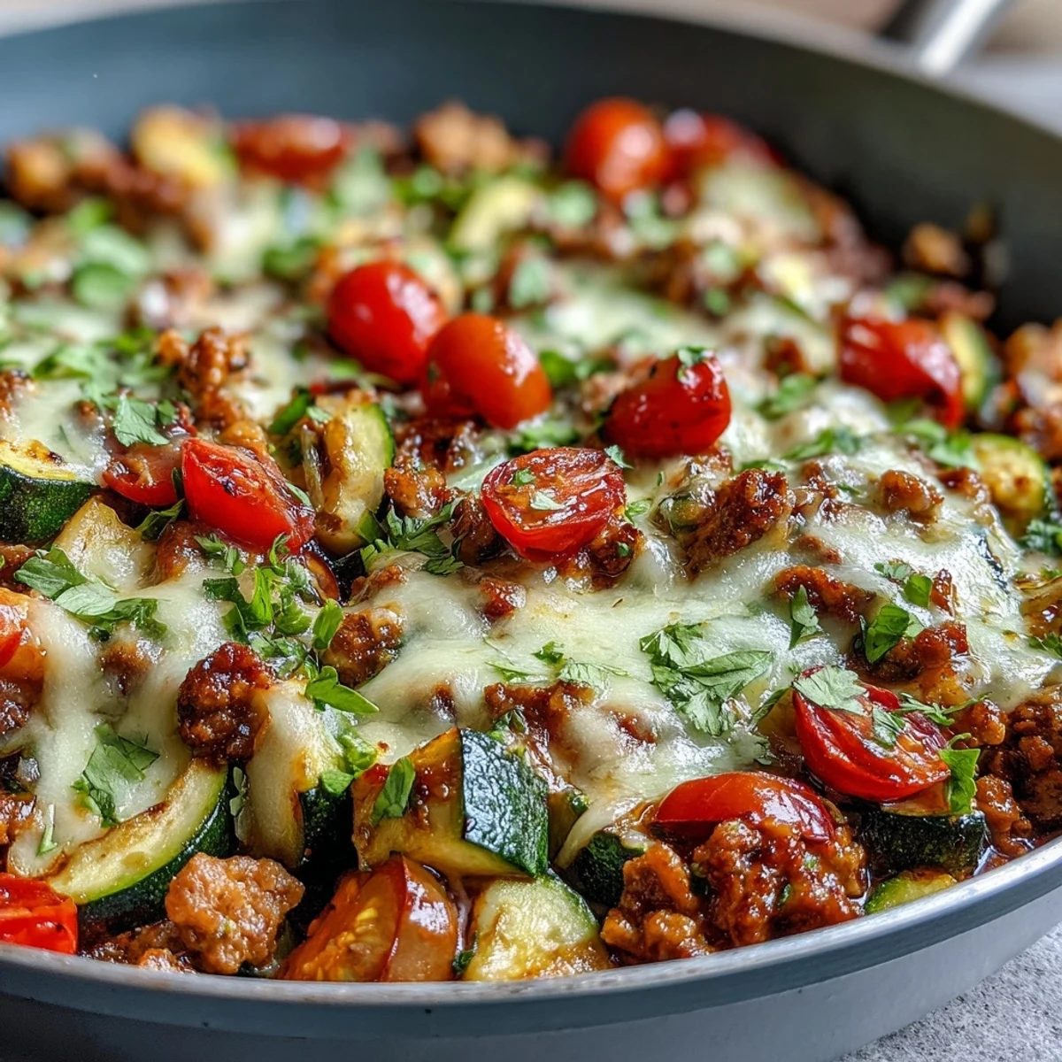 Healthy One-Pot Turkey Taco Zucchini Skillet featuring lean ground turkey and fresh zucchini.  