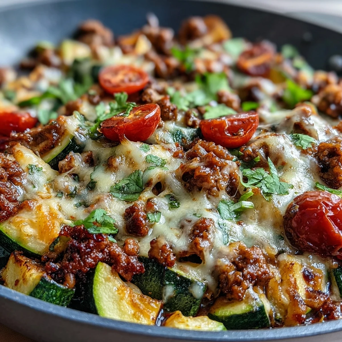 Vibrant One-Pot Turkey Taco Zucchini Skillet with taco spices, tomatoes, and melted cheddar cheese.