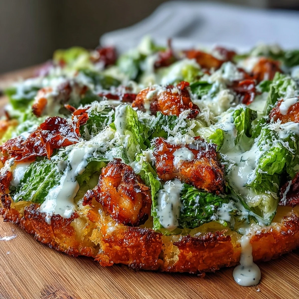 Crispy chicken crust pizza topped with fresh Caesar salad, Parmesan, and sun-dried tomatoes for a healthy twist.  