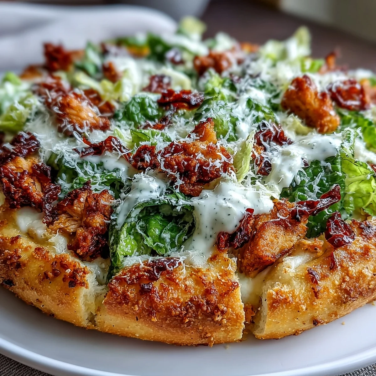 Protein-packed chicken crust pizza layered with crisp romaine, creamy Caesar dressing, and Parmesan cheese.  